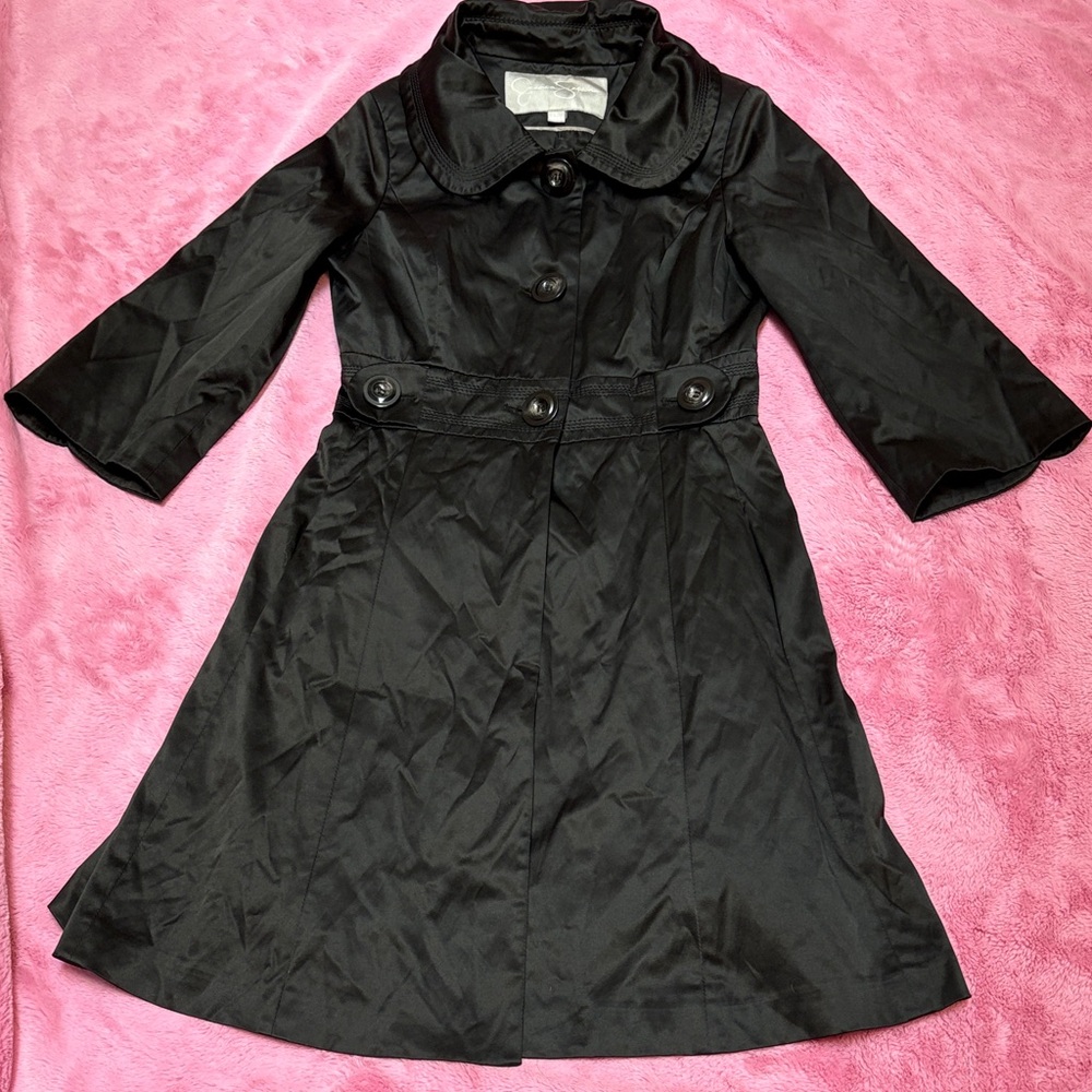 Jessica Simpson Shiny Elegant Black Women's Trench Coat 3/4 Sleeve